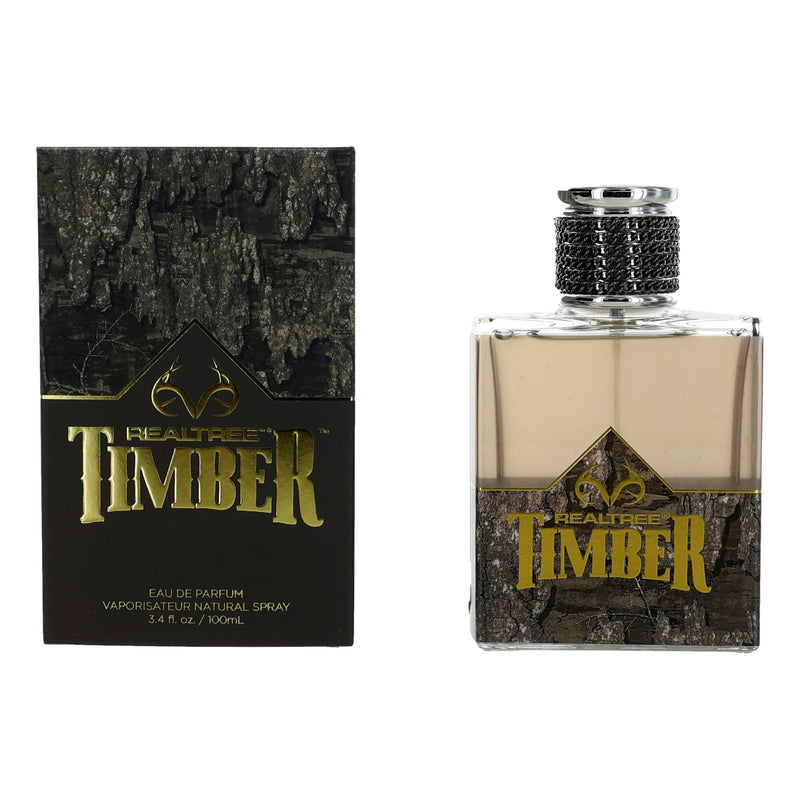 Realtree Timber men's 3.4 oz EDP spray featuring outdoor-inspired scent in a sleek bottle.