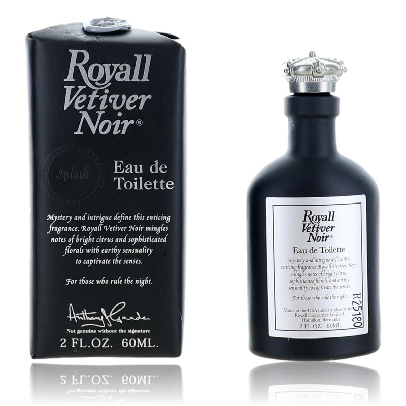 Royall Vetiver Noir men's 2 oz EDT splash by Royall Fragrances, bottle with dark liquid and elegant packaging visible.