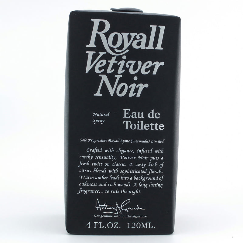 Royall Vetiver Noir men's 4 oz EDT spray by Royall Fragrances, featuring dark vetiver scent in a sleek bottle.