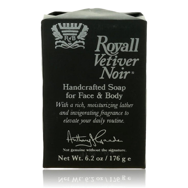 Royall Vetiver Noir men's bar soap by Royall Fragrances, 6.2 oz with textured dark soap surface and branding details.