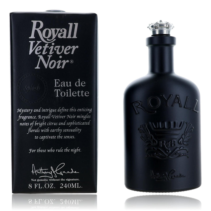 Royall Vetiver Noir men's 8 oz EDT splash bottle from Royall Fragrances, featuring a sleek design and dark fragrance liquid.