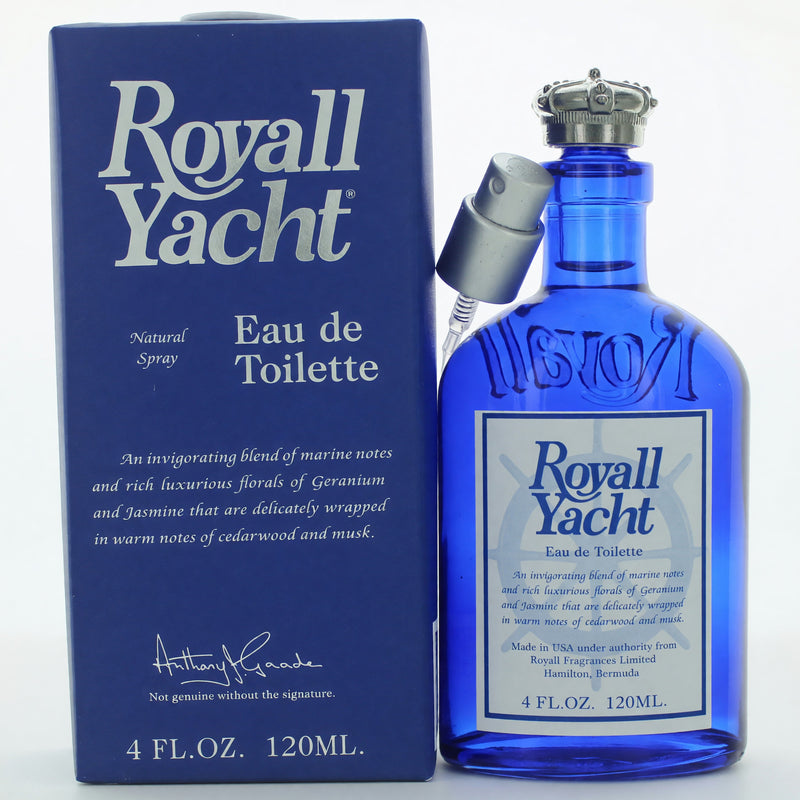 Royall Yacht men's 4 oz EDT spray by Royall Fragrances, featuring a sleek bottle with the fragrance label visible.