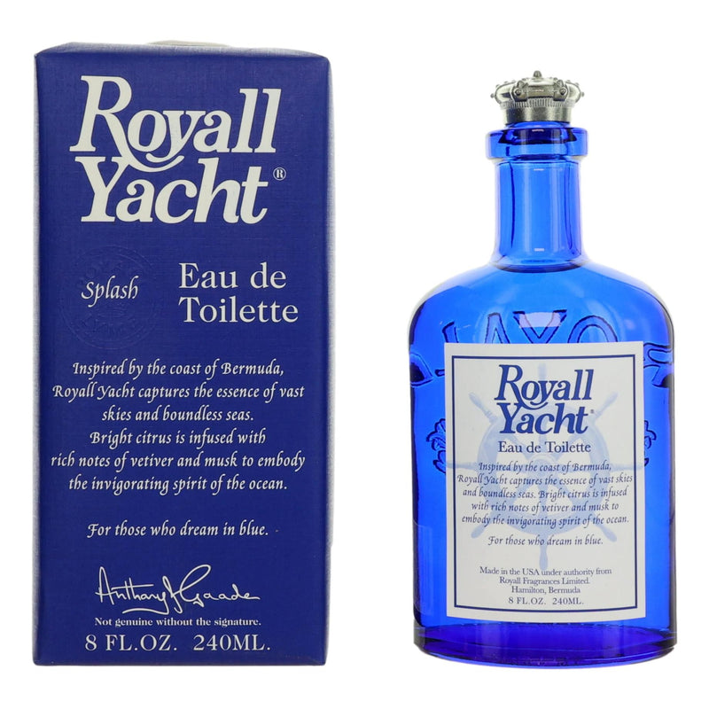 Royall Yacht men's 8 oz EDT Splash by Royall Fragrances, displaying the classic bottle and splash bottle with navy blue accents.