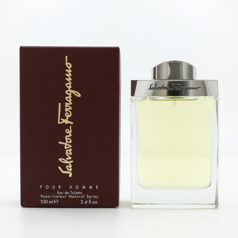 Salvatore Ferragamo men's 3.4 oz EDT spray bottle with elegant packaging and branding, showcasing the fragrance's sleek design.