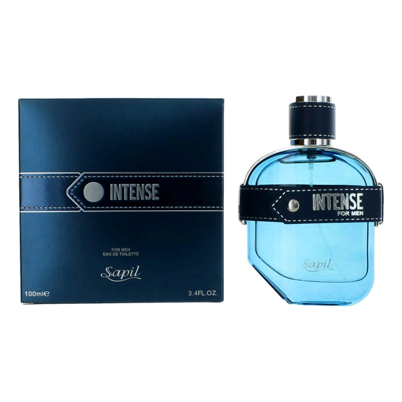Intense by Sapil 3.4 oz men's EDT spray bottle, sleek design, ready for use with a modern, masculine fragrance.