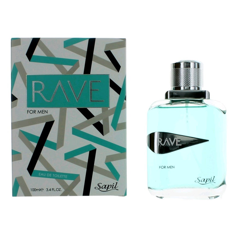 Men's Rave EDT spray by Sapil, 3.4 oz bottle, featuring a sleek design and fresh, masculine fragrance.