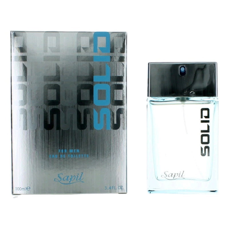 Solid by Sapil 3.4 oz men's EDT spray bottle with sleek design and clear labeling, ready for use.