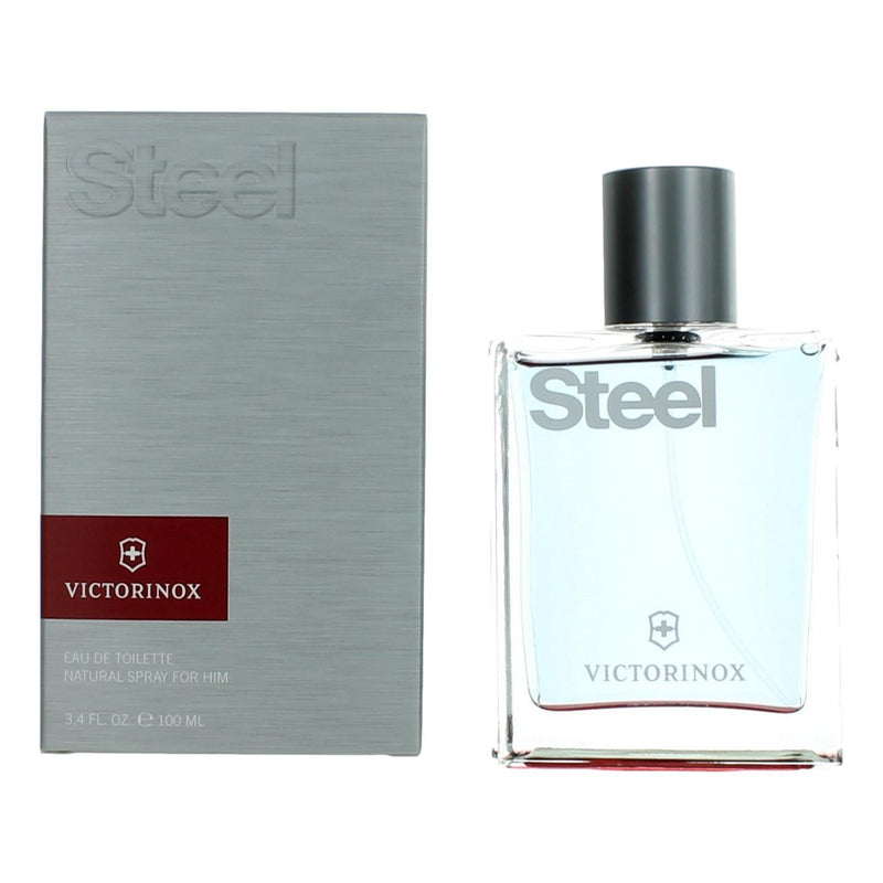 Swiss Army Steel men's 3.4 oz EDT spray bottle featuring sleek design and silver accents, ideal for everyday wear.