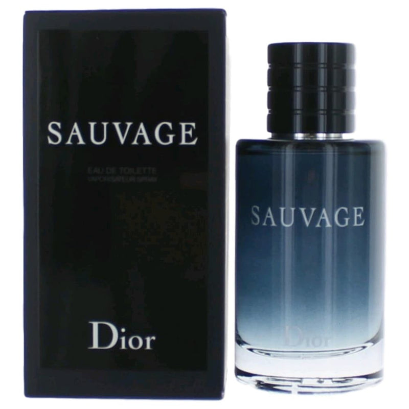 Christian Dior Sauvage 2 oz men's EDT spray bottle, sleek design with blue accents, used for signature masculine fragrance.