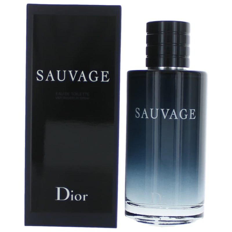 Christian Dior Sauvage 6.8 oz men's Eau de Toilette spray bottle, sleek packaging for a fresh, masculine fragrance.
