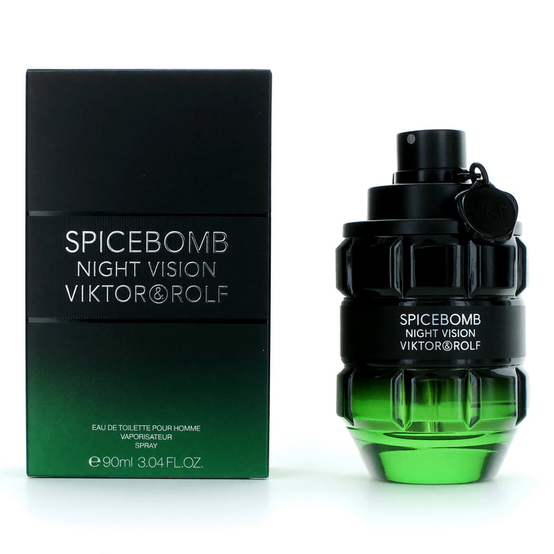 Viktor & Rolf Spicebomb Night Vision men's 3 oz EDT spray bottle with sleek black packaging and silver accents.