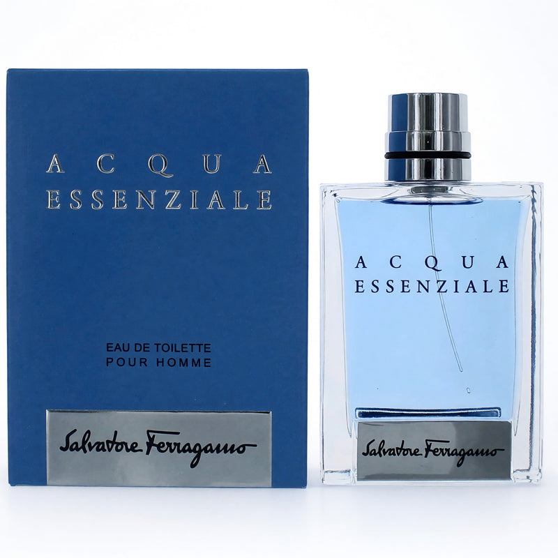 Salvatore Ferragamo Acqua Essenziale men's 3.4 oz EDT spray bottle with sleek packaging and branding.