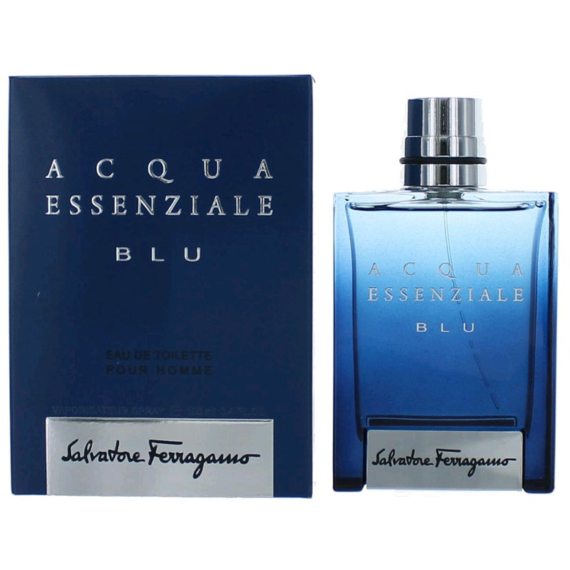 Salvatore Ferragamo Acqua Essenziale BLU 3.4 oz men's EDT spray bottle with blue and silver packaging.