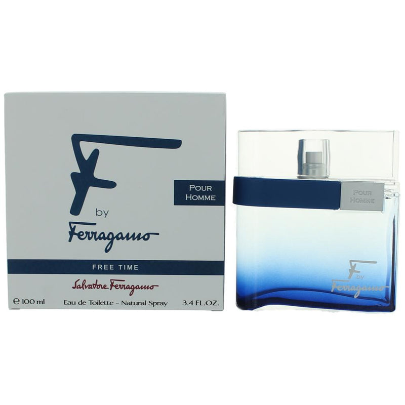 Salvatore Ferragamo F Free Time men's 3.4 oz EDT spray bottle with sleek packaging and branding visible.