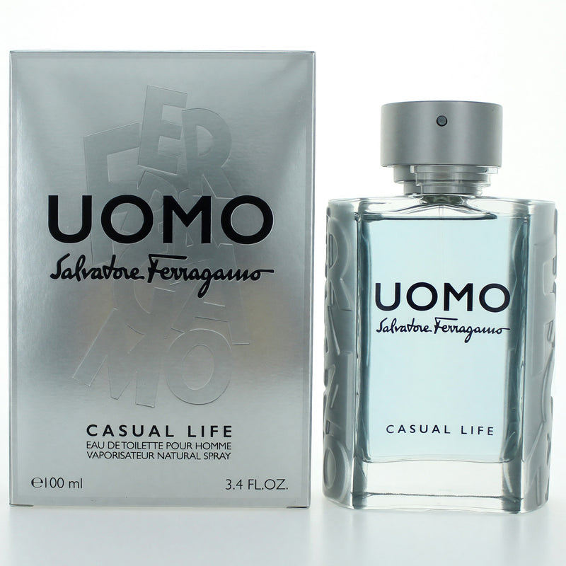 Salvatore Ferragamo Uomo Casual Life 3.4 oz men's EDT spray bottle with sleek packaging and metallic cap.