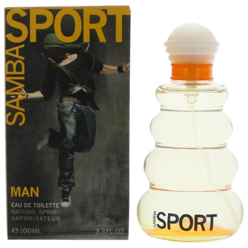 Perfumer's Workshop Samba Sport men's 3.3 oz EDT spray bottle with sleek packaging and sporty design.