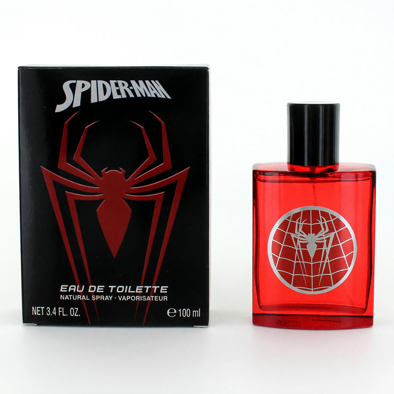 Marvel Spiderman men's 3.4 oz EDT spray featuring a sleek bottle with Spiderman artwork, ideal for fans of the superhero fragrance