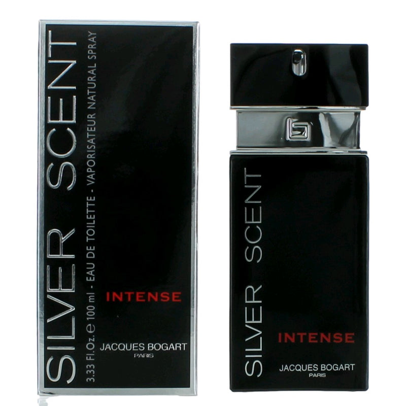 Silver Scent Intense by Jacques Bogart men's 3.4 oz EDT spray bottle with sleek silver design and clear branding on the label.