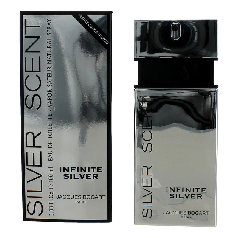 Silver Scent Infinite by Jacques Bogart 3.33 oz men's EDT bottle with sleek silver packaging and spray nozzle.