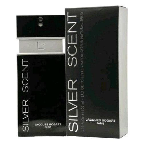 Silver Scent by Jacques Bogart men's 3.4 oz EDT spray bottle with sleek silver design and clear cap.