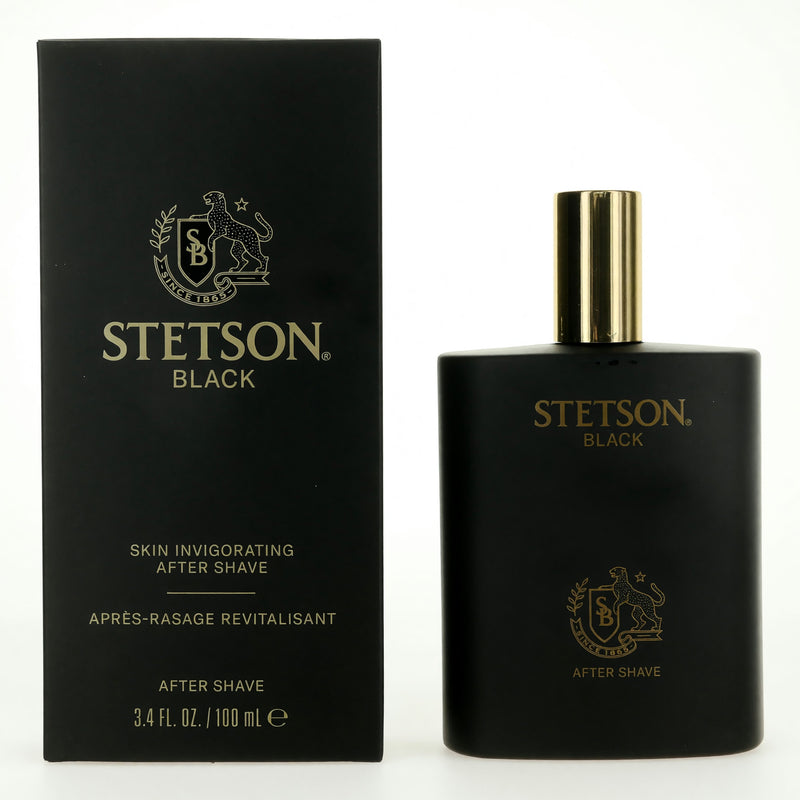 Stetson Black by Coty skin invigorating after shave splash for men, 3.4oz bottle with black and silver design.