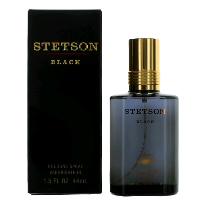 Coty Stetson Black men's cologne spray in 1.5 oz bottle, featuring a sleek black design and masculine fragrance.