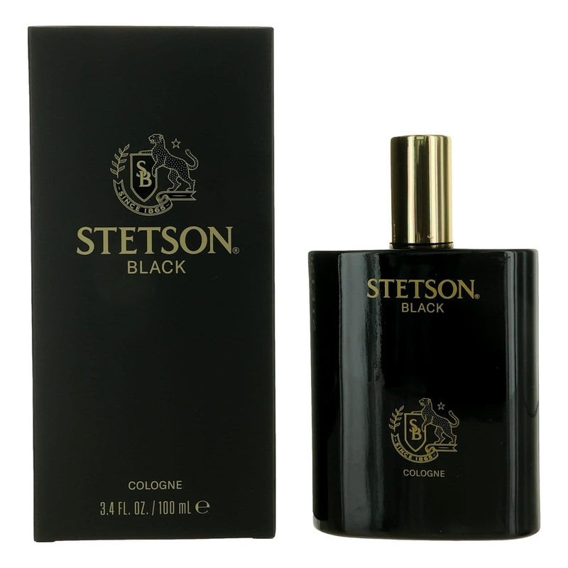 Coty Stetson Black men's cologne spray bottle, 3.4 oz, with sleek black packaging and spray nozzle.