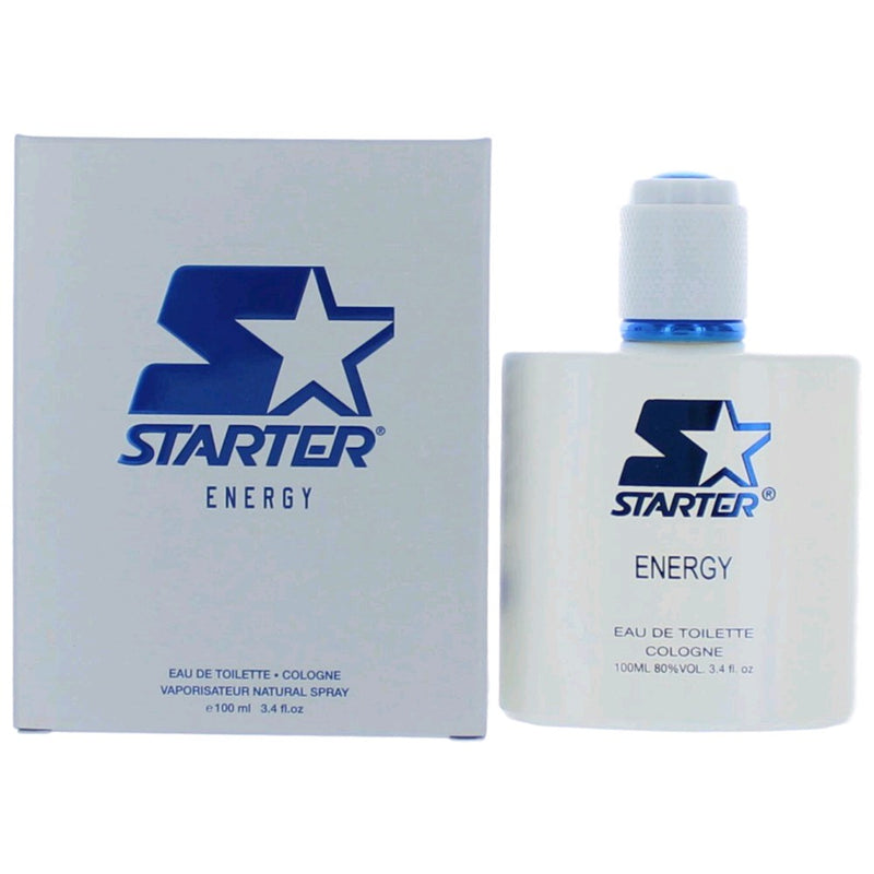 Starter Energy men's 3.4 oz EDT spray bottle, featuring a sleek design and energetic branding for a fresh, invigorating scent.