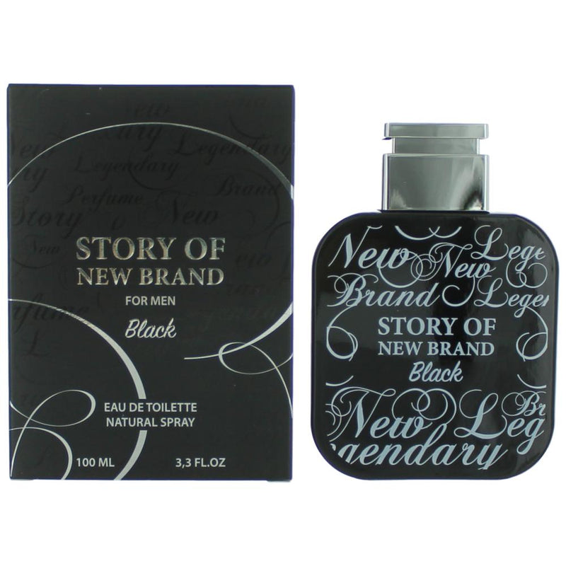 New Brand Black men's 3.3 oz EDT spray bottle, sleek packaging for a modern, fresh fragrance.