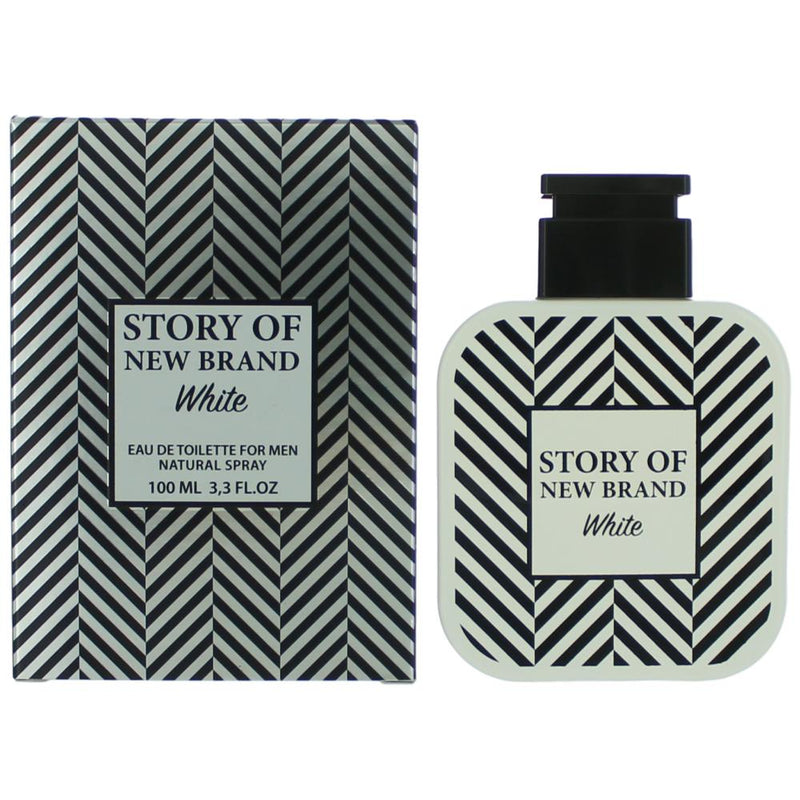 New Brand White men's 3.3 oz EDT spray bottle with sleek packaging, featuring modern design and branding.