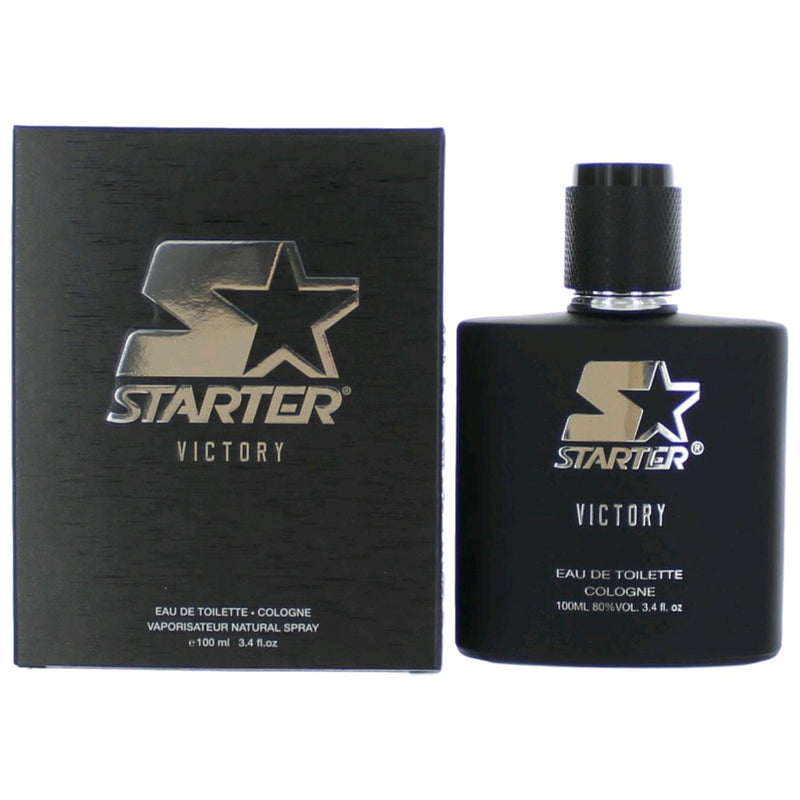 Starter Victory men's 3.4 oz EDT spray bottle, featuring sleek packaging and the fragrance's branding details.