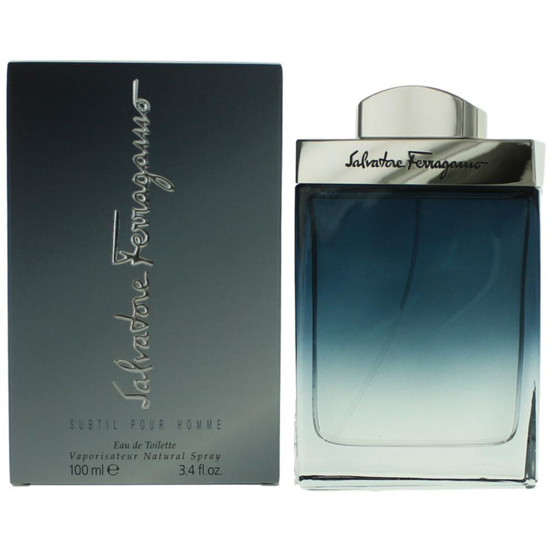 Salvatore Ferragamo Subtil 3.4 oz men's EDT spray bottle shown, featuring sleek packaging and elegant design.