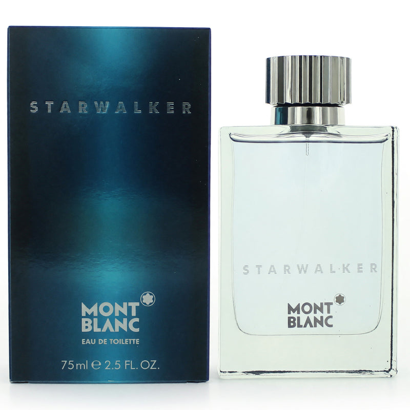 Mont Blanc Starwalker 2.5 oz men's EDT spray bottle, sleek design, showcasing the elegant packaging and branding.
