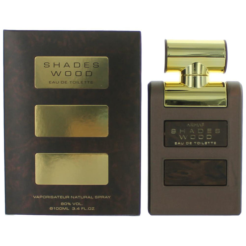Armaf Shades Wood 3.4 oz men's EDT spray with a sleek bottle and wooden accents, designed for a sophisticated fragrance experience.