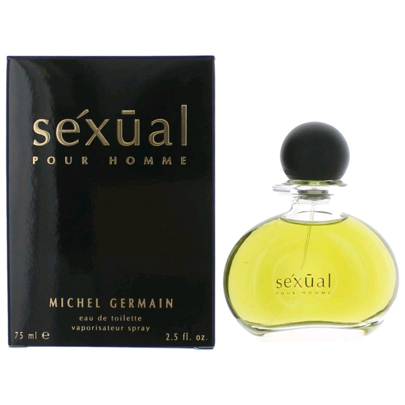 Michel Germain Sexual 2.5 oz men's EDT spray bottle shown, stylish packaging and spray nozzle visible.