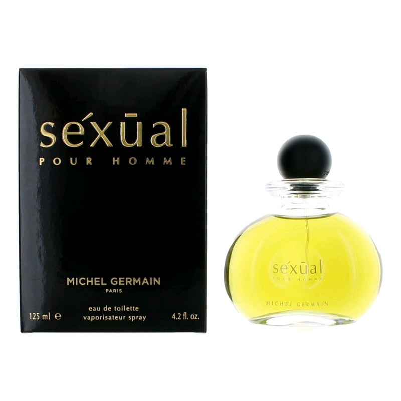 Michel Germain Sexual 4.2 oz men's EDT spray bottle with sleek glass design and silver cap, showcasing the fragrance packaging.