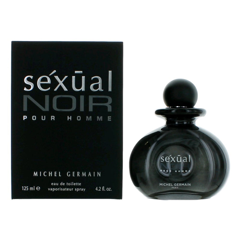 Michel Germain Sexual Noir men's 4.2 oz EDT spray bottle with sleek packaging and dark, sensual design.