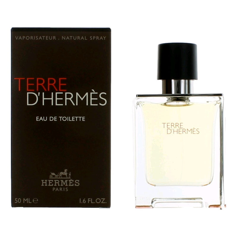 Hermes Terre D'Hermes 1.6 oz men's EDT spray bottle with orange cap and minimalist design, displayed on a plain background.