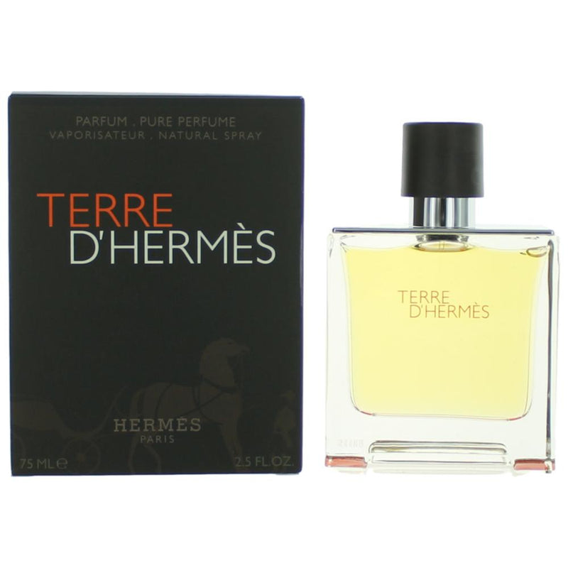Hermes Terre D'Hermes 2.5 oz pure parfum spray for men, featuring a sleek glass bottle with a black cap.
