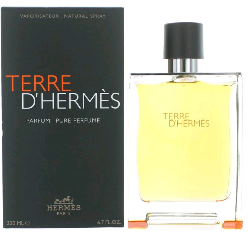 Hermes Terre D'Hermes 6.7 oz pure parfum spray for men, featuring a sleek bottle with a textured cap on a neutral background.