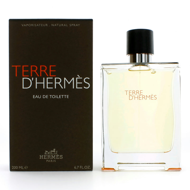 Hermes Terre D'Hermes 6.7 oz men's EDT spray bottle, sleek design with orange and black accents, ready for use.