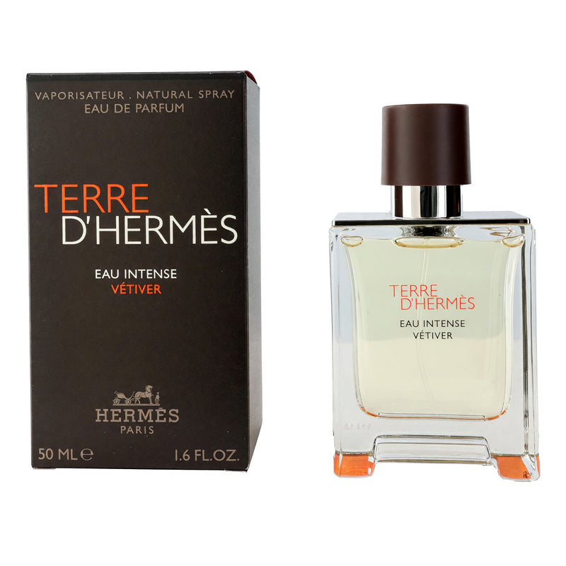 Hermes Terre D'Hermes Eau Intense Vetiver 1.6 oz men's EDP spray bottle with a sleek design and label.