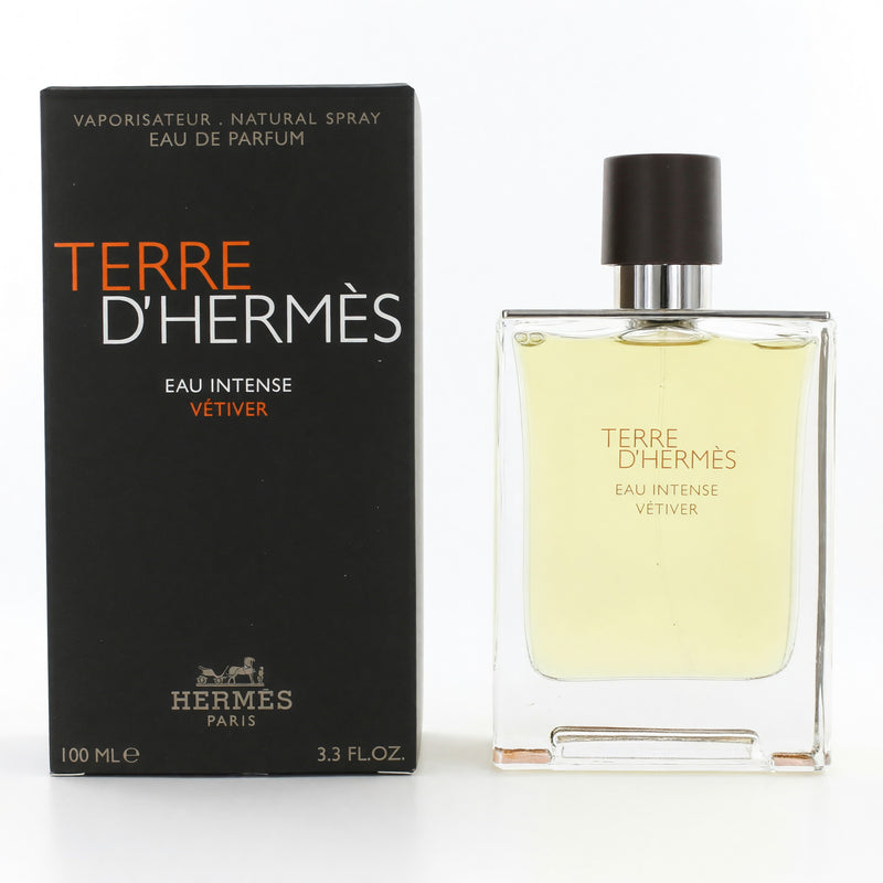 Hermes Terre D'Hermes Eau Intense Vetiver 3.3 oz men's EDP spray bottle with textured glass and black cap.