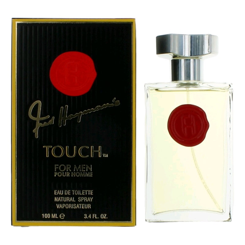 Fred Hayman Touch men's 3.4 oz EDT spray bottle, sleek design, ready for use with a fresh, masculine fragrance.