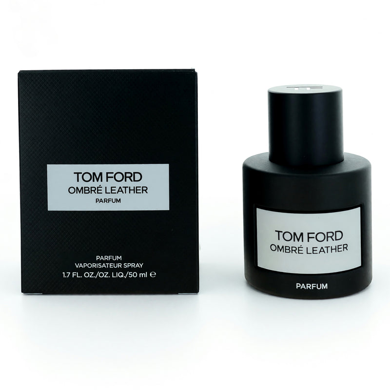 Tom Ford Ombre Leather 1.7 oz parfum spray for men, showing the elegant bottle with sleek black design and silver accents.