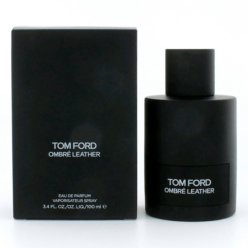 Tom Ford Ombre Leather 3.4 oz men's EDP spray bottle, sleek packaging with leather-inspired design and silver accents.