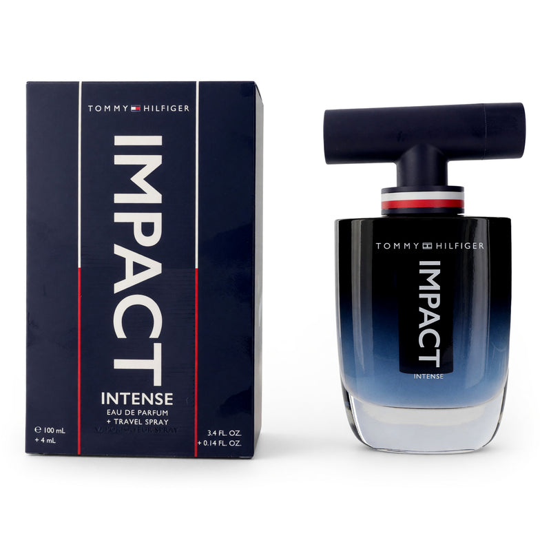 Tommy Hilfiger Impact Intense 3.4 oz men's EDP spray bottle with sleek packaging and silver accents.