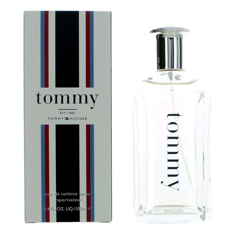Tommy by Tommy Hilfiger men's 3.4 oz EDT spray bottle with sleek packaging and brand logo.