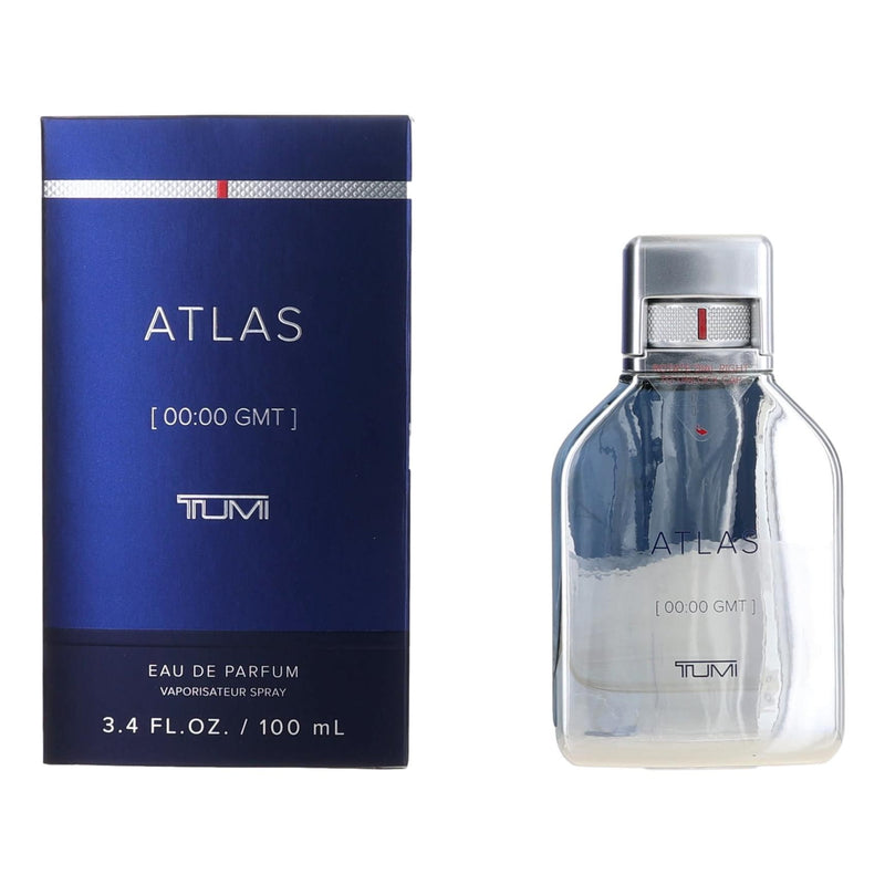 Tumi Atlas 00:00 GMT men's 3.4 oz EDP spray bottle, sleek design with the fragrance visible in the image.
