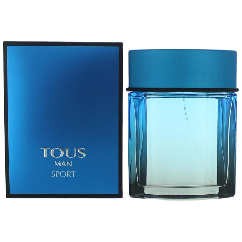 Tous Man Sport 3.4 oz men's EDT spray bottle, sleek design, with Tous branding, for a fresh and sporty fragrance.
